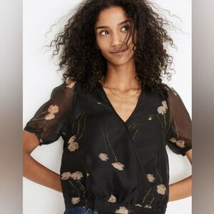 Madewell Black Floral Sheer Puff Sleeve Wrap Blouse NWT Size M